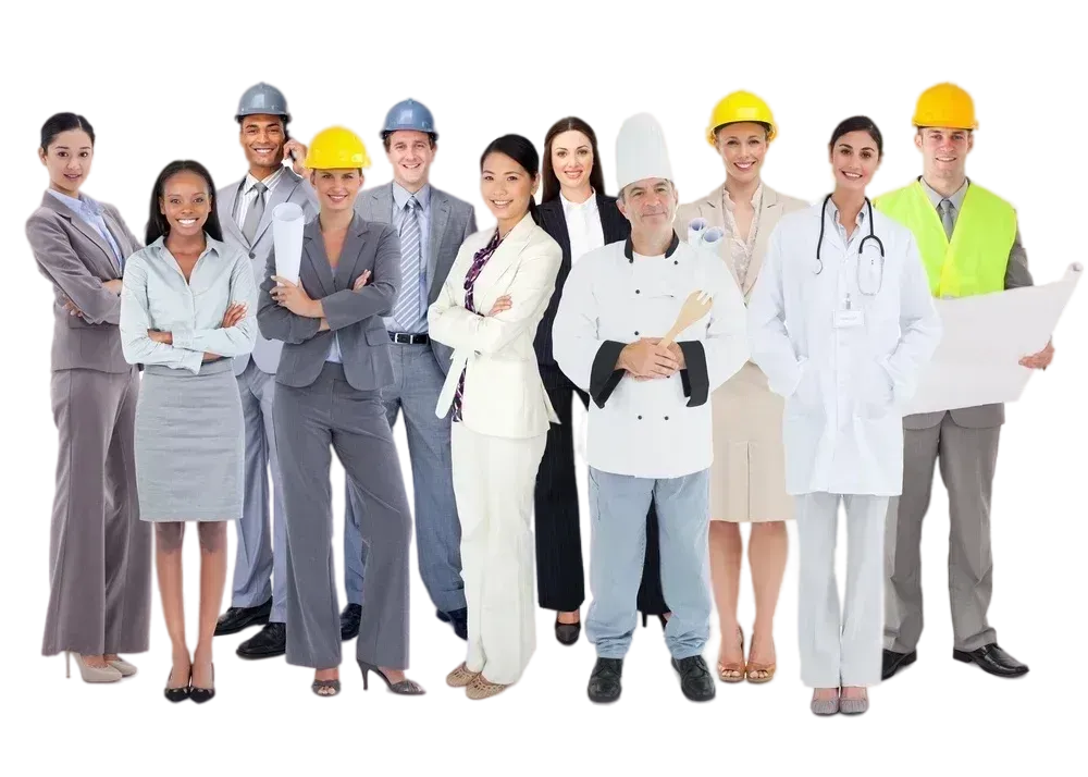 Diverse group of workers standing against white background