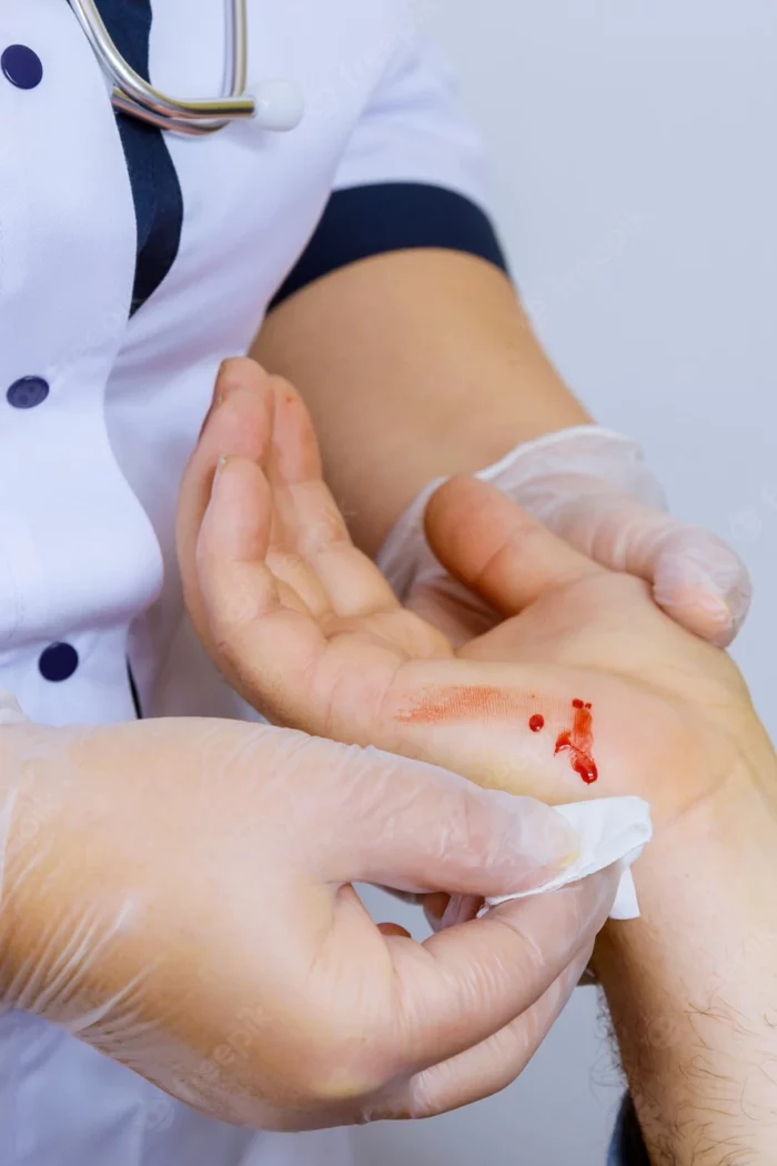 patient-visiting-hand-injury-doctor-wipes-blood-cleaning-wound_73110-9417