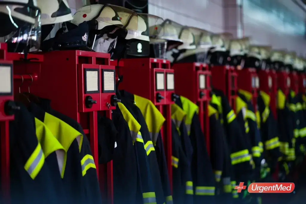 Turnout gear and helmets lined up at a fire station