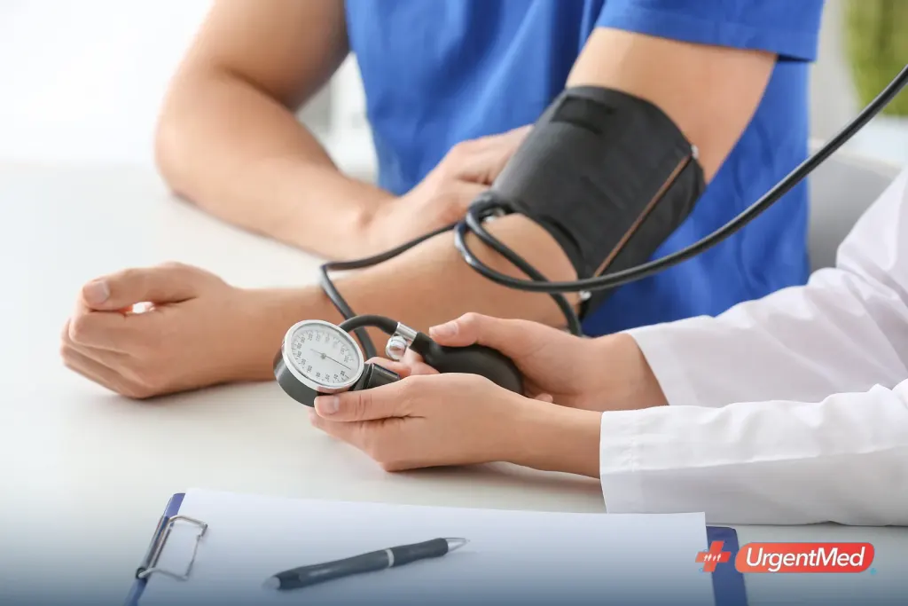 Blood pressure being measured with a cuff