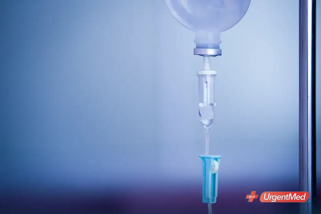 IV fluid bag dripping during a hydration treatment