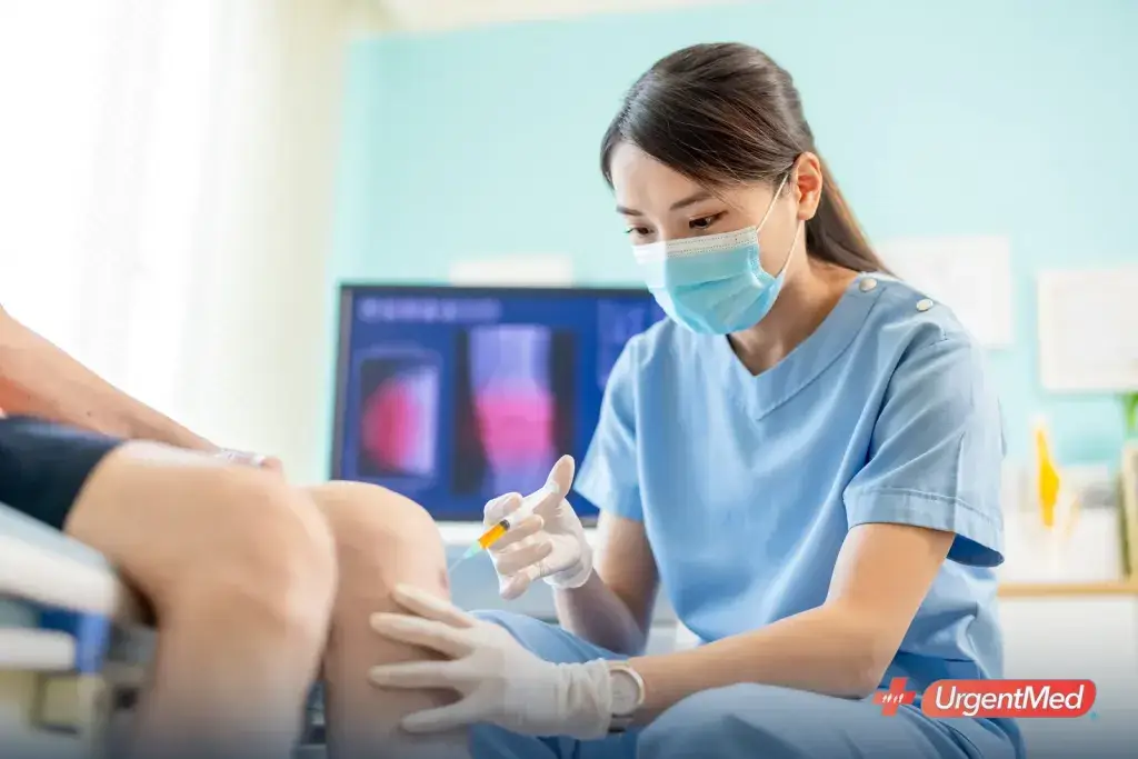 Provider giving a joint injection in a patient’s knee
