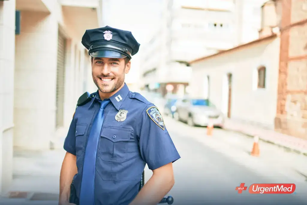 Uniformed police officer standing outside on a city street