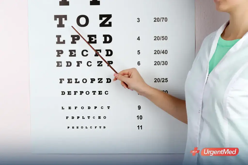 Vision screening with an eye chart at an occupational health clinic