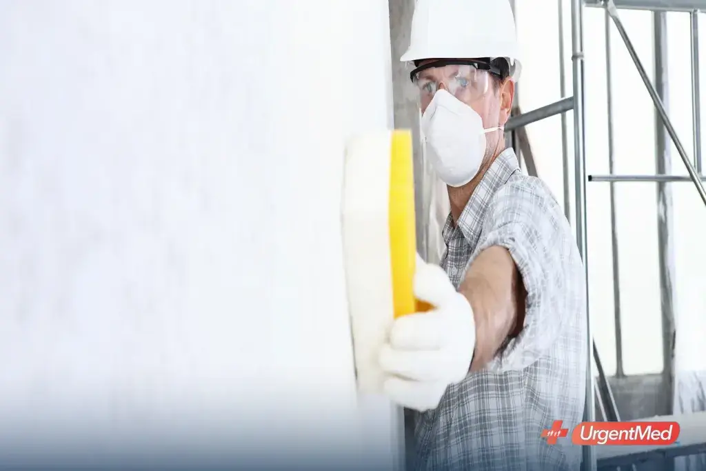 Worker wearing a respirator and safety glasses while sanding drywall