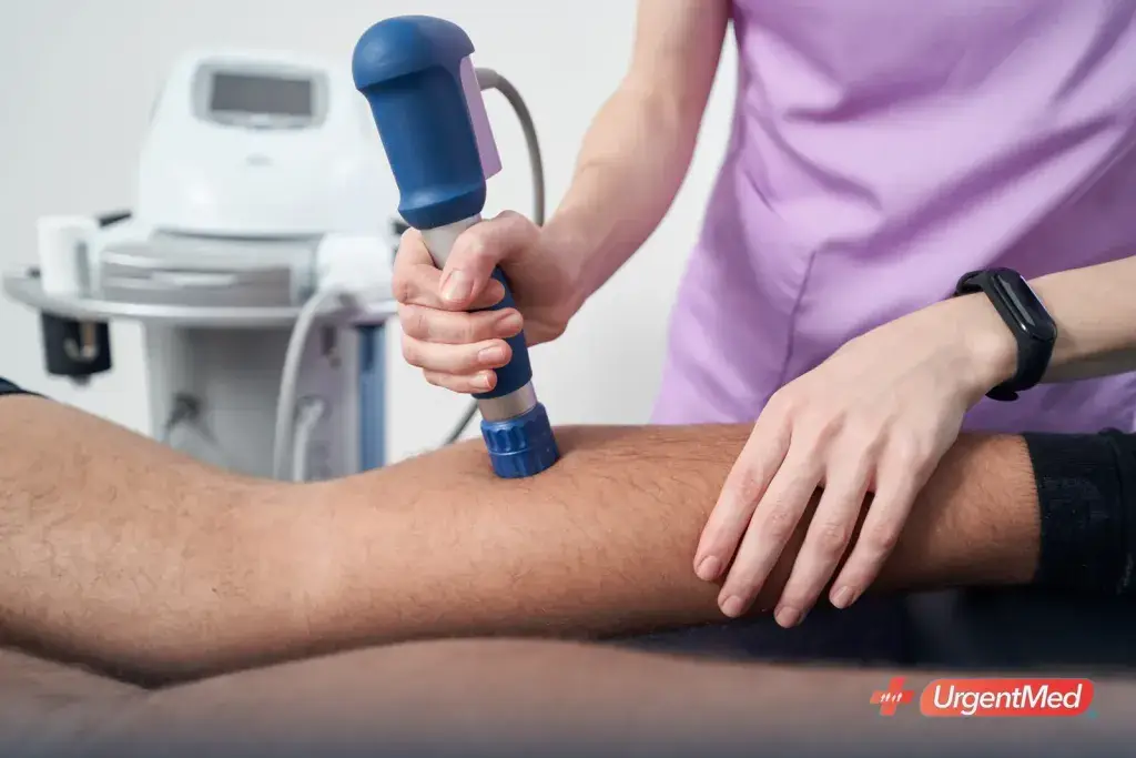 Shockwave therapy handpiece applied to a patient’s knee