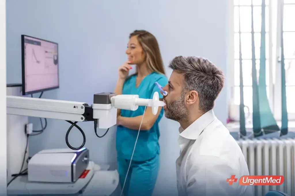 Patient performing a spirometry breathing test