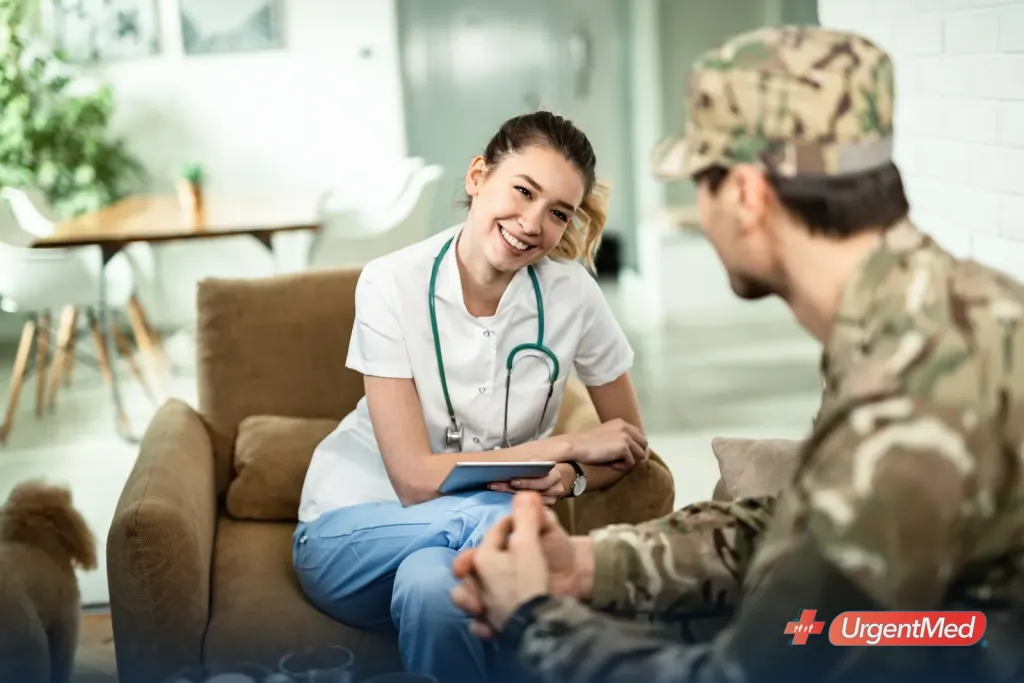 Veteran talking with a provider at a clinic visit